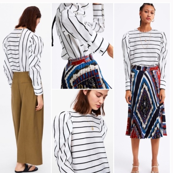 Zara balloon puff sleeve blouse, white with black stripes. Hardly worn - Picture 5 of 6